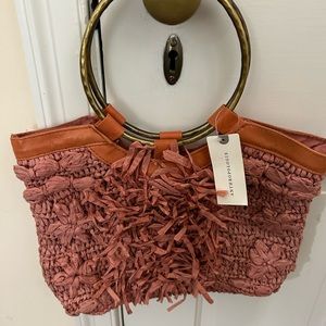 Anthropologie woven handbag with brass handles